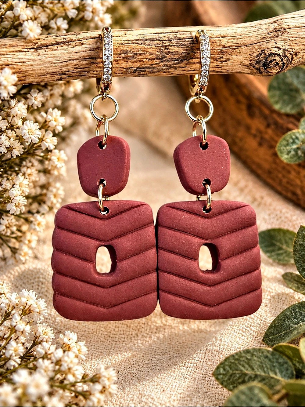 Burgundy & Gold Statement Drop Earrings